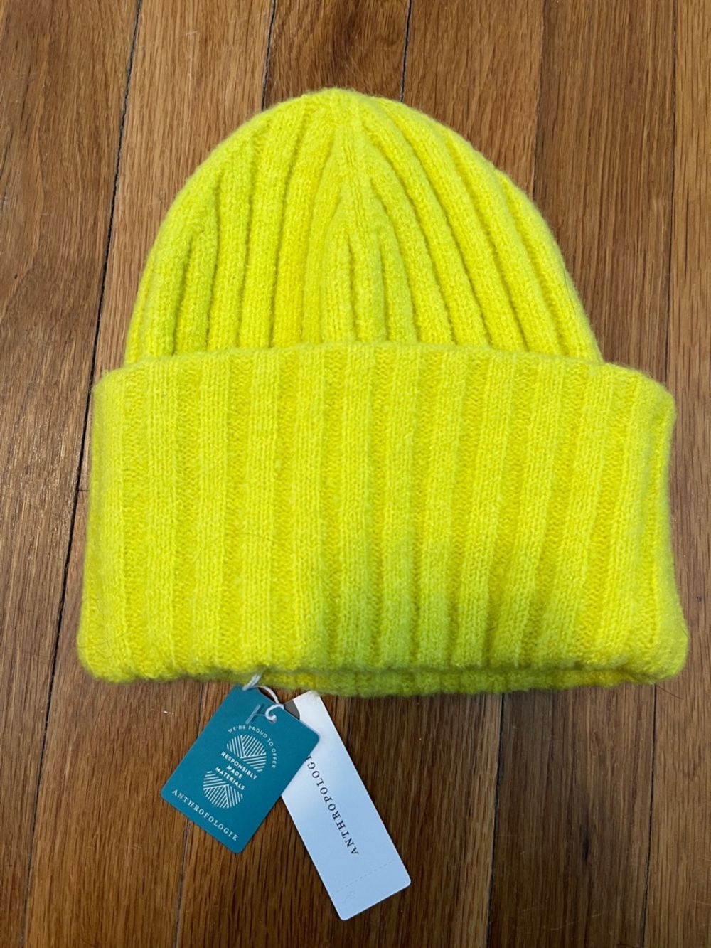 Anthropologie Maeve Bright Neon Yellow Ribbed Beanie NWT